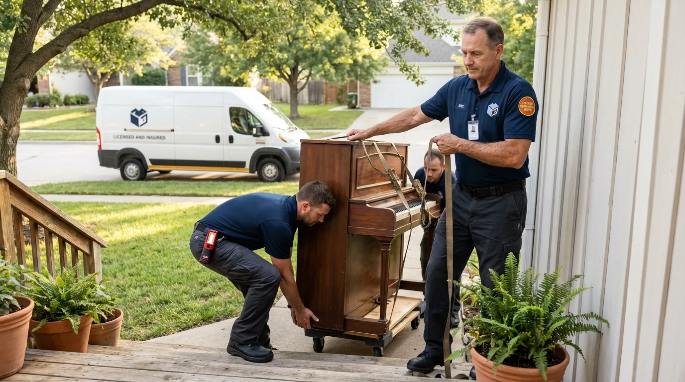 Licensed piano movers securing grand piano in Perry, FL