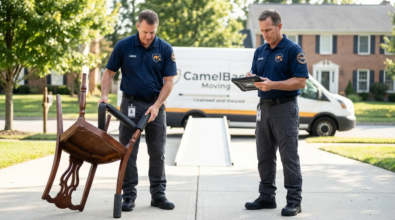 Movers inspecting furniture for damage prevention before loading in Perry, FL
